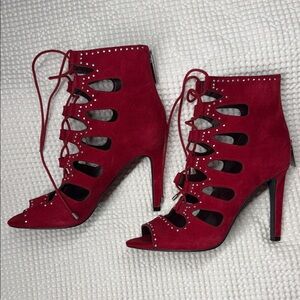 BCBGeneration Red Leather Lace-Up Cutout Heeled Sandals - 36(6)